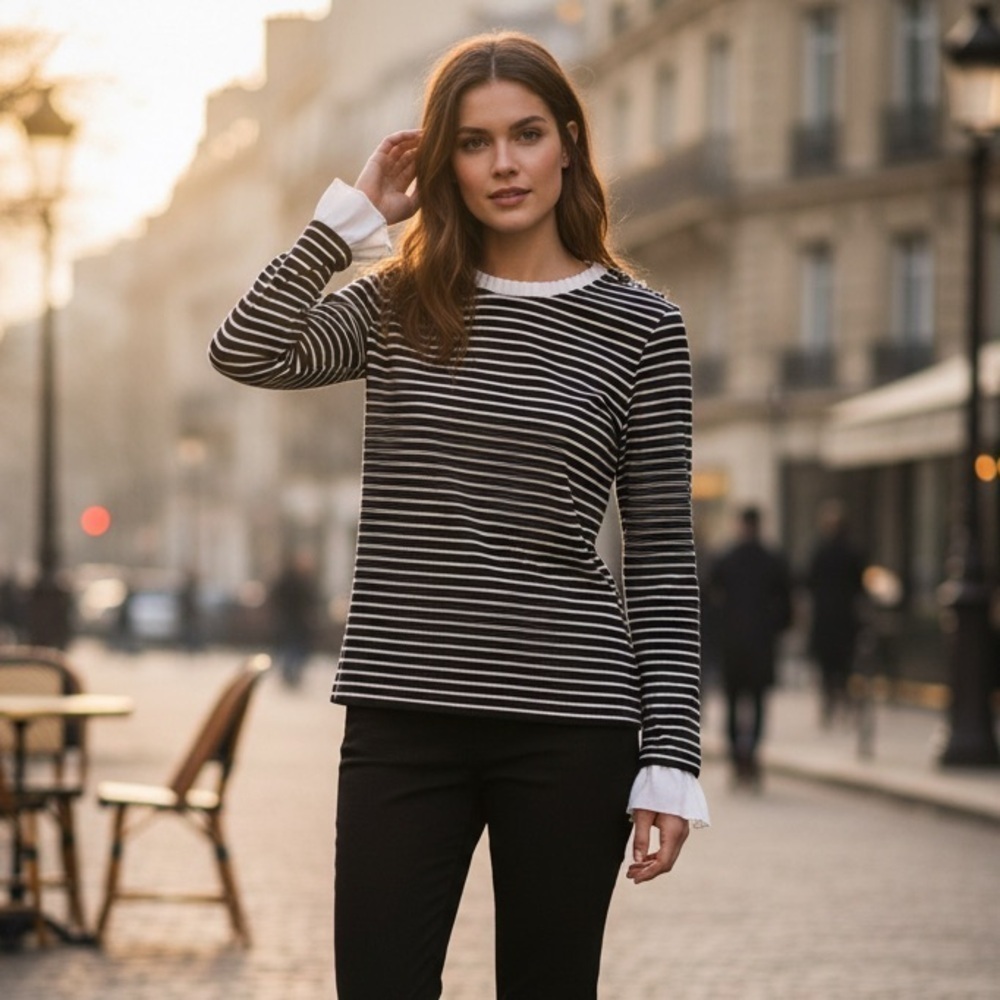Karl Lagerfeld Paris Black White Stripe Long Sleeve Ruffle Cuff Blouse Size XS